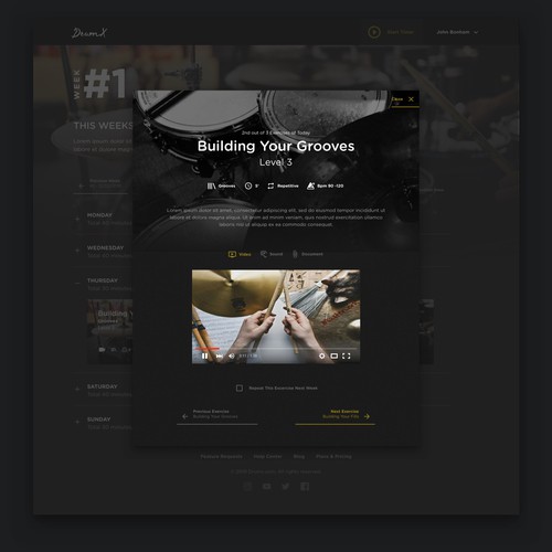Design concept for DrumX, weekly personal drummer exercises platform.