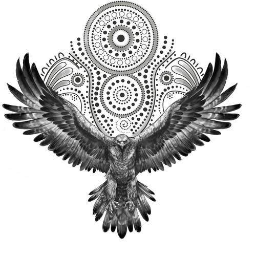 Australian wedge tailed eagle with Aboriginal background