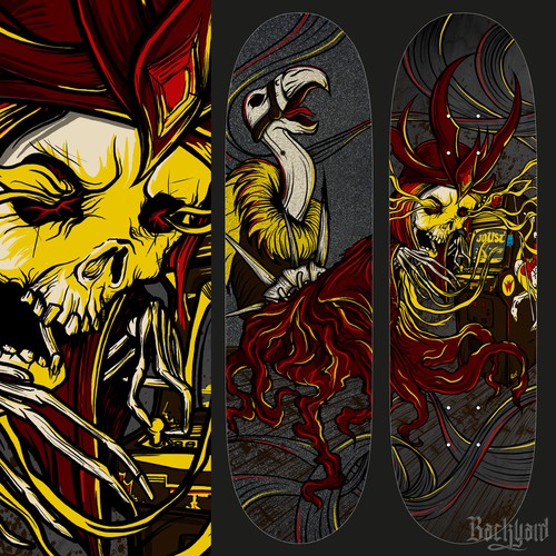 Create an epic skateboard design themed on videogames