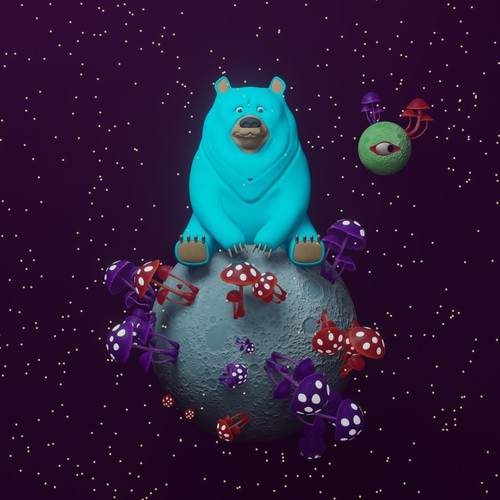 3D illustration of Moon, Bear and Mushrooms.