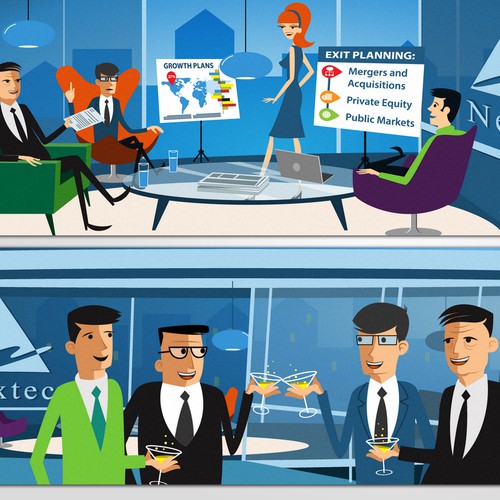 Quirky, cheeky, stylized 60s retro cool character illustrations for Nextec's new website:Help us Bankers look cool too:)