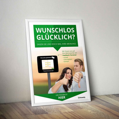 Erstellt ein Poster zur Bewerbung von Feedback Stationen in Supermärkten, Banken und Restaurants