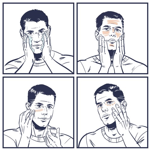 4 illustrations of a man applying 4 different products "Tread" to his face.