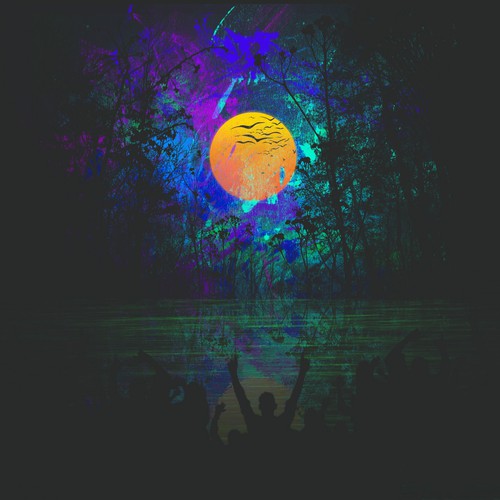 Create an Ibiza dance music style summer vibe illustration that includes palm trees