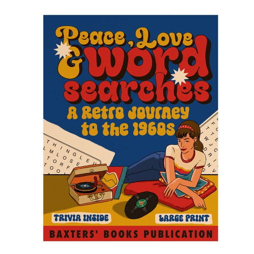 Design a nostalgic and retro 1960s word search puzzle book cover