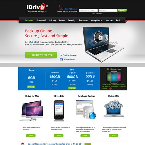 Home page design for IDrive