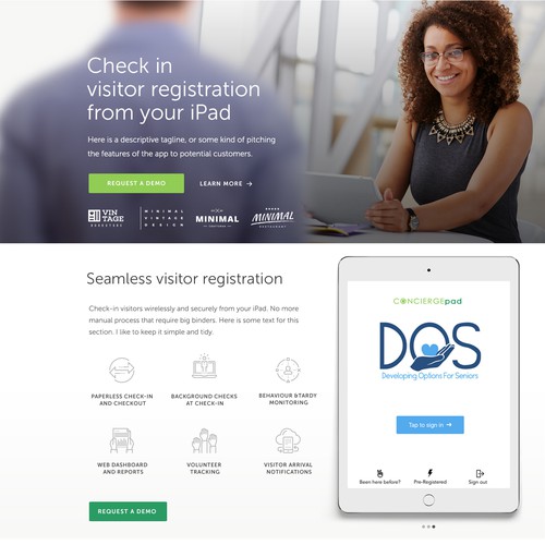 Feature-rich homepage for visitor registration app