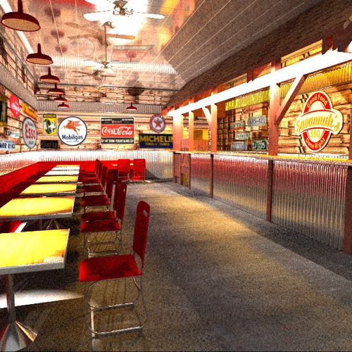 Create the next art or illustration for Retail BBQ fast food chain - need rendering of store interior and outside