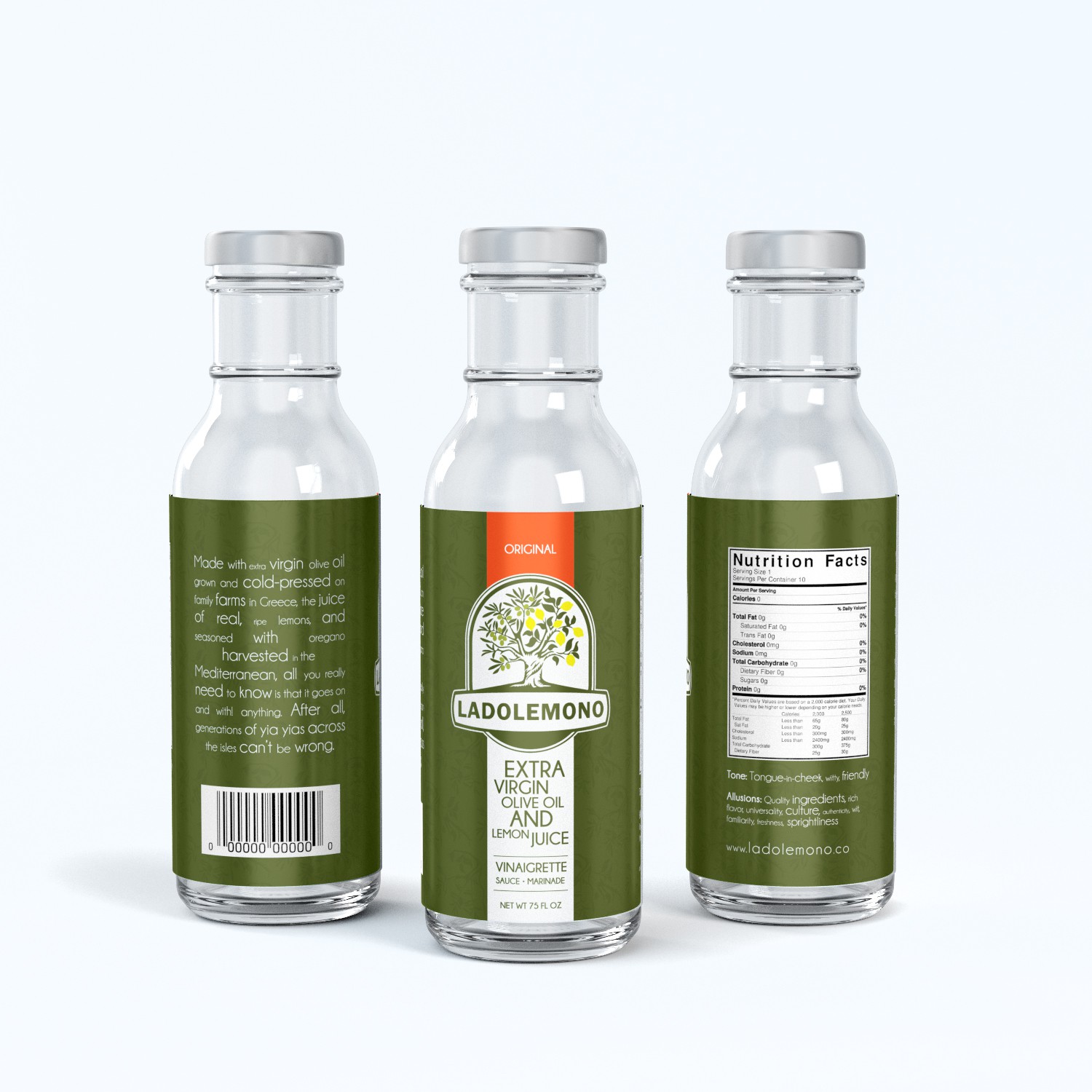 Greek lemon-oil vinaigrette needs a high shelf-impact label to make it fly off the shelves