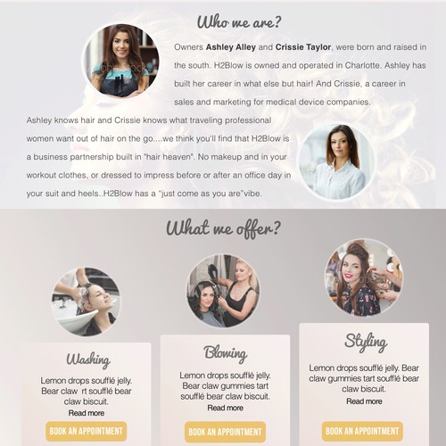 Landing page for a woman's hair blow salon