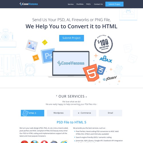 Landing page design for psd to html services website