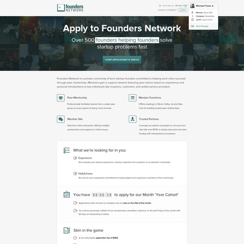 Create a landing page design with high click through for Founders Network