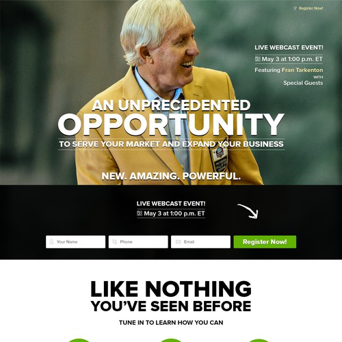 Attention-grabbing, excitement-generating landing page for a powerful live webcast event!