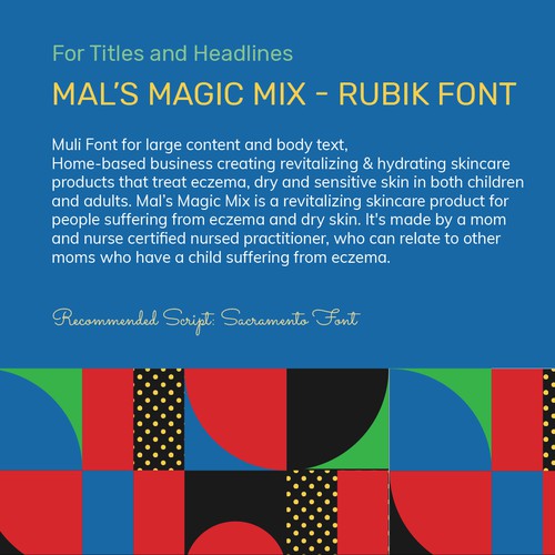 Stylescape section of Brand Guide /Styleguide for Mal's Magic Mix Brand