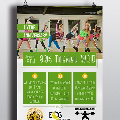 Create a flyer for Helios CrossFit 1 Year Anniversary Community WOD
