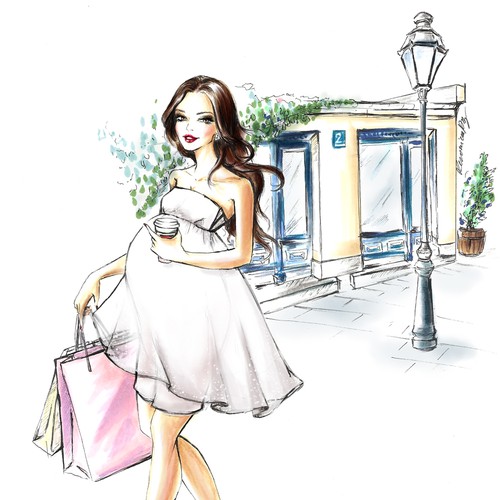 High fashion illustration of a pregnant lady shopping & having fun!