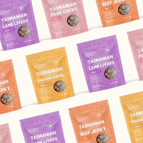 Vibrant Packaging Design for Tasmanian Dog Food Co.'s Healthy and Ethical Dog Treats