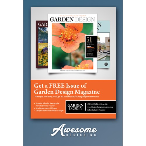 Create a classic-looking full page print ad for Garden Design