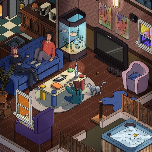 Illustration isométrique inspirée du tout premier opus des SIMS 1, sorti en 2000 ✨