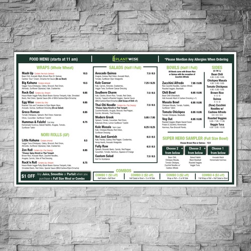 Clean, easy to read menu for a vegan restaurant