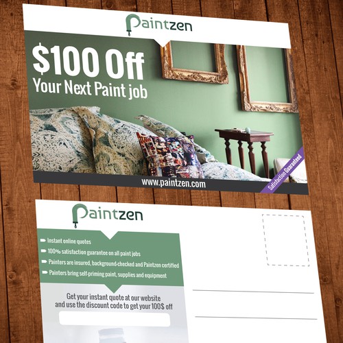 Create a captivating post card offering discounts on interior painting services for Paintzen