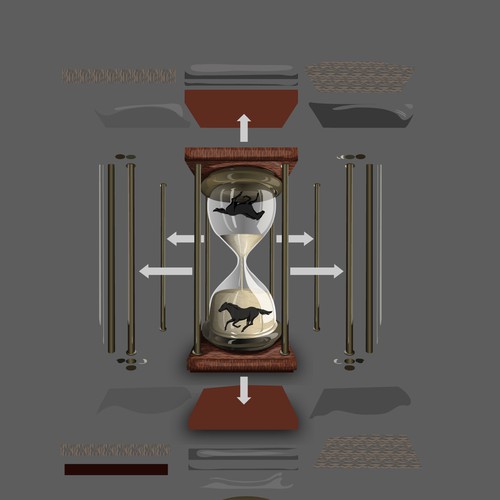 Black horse running, reflected in an hourglass