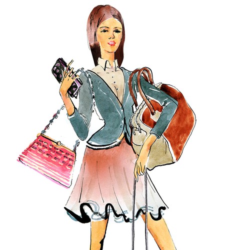 Illustration of a fashion orientated female who loves her handbags..