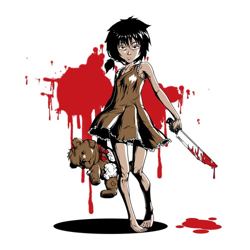 Graphic of Little japanese girl with bloody knife in one hand, a teddybear in the other