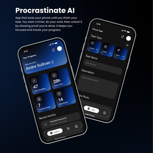 Procrastinate AI – Minimal Dark Productivity App UI