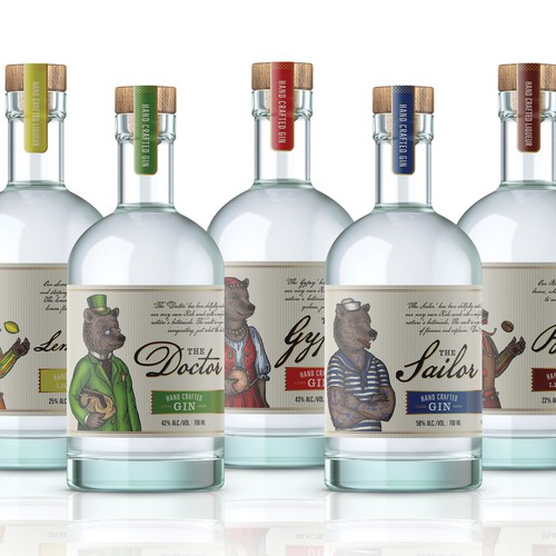 Labels and illustrations for Tiny Bear Distillery's spirits