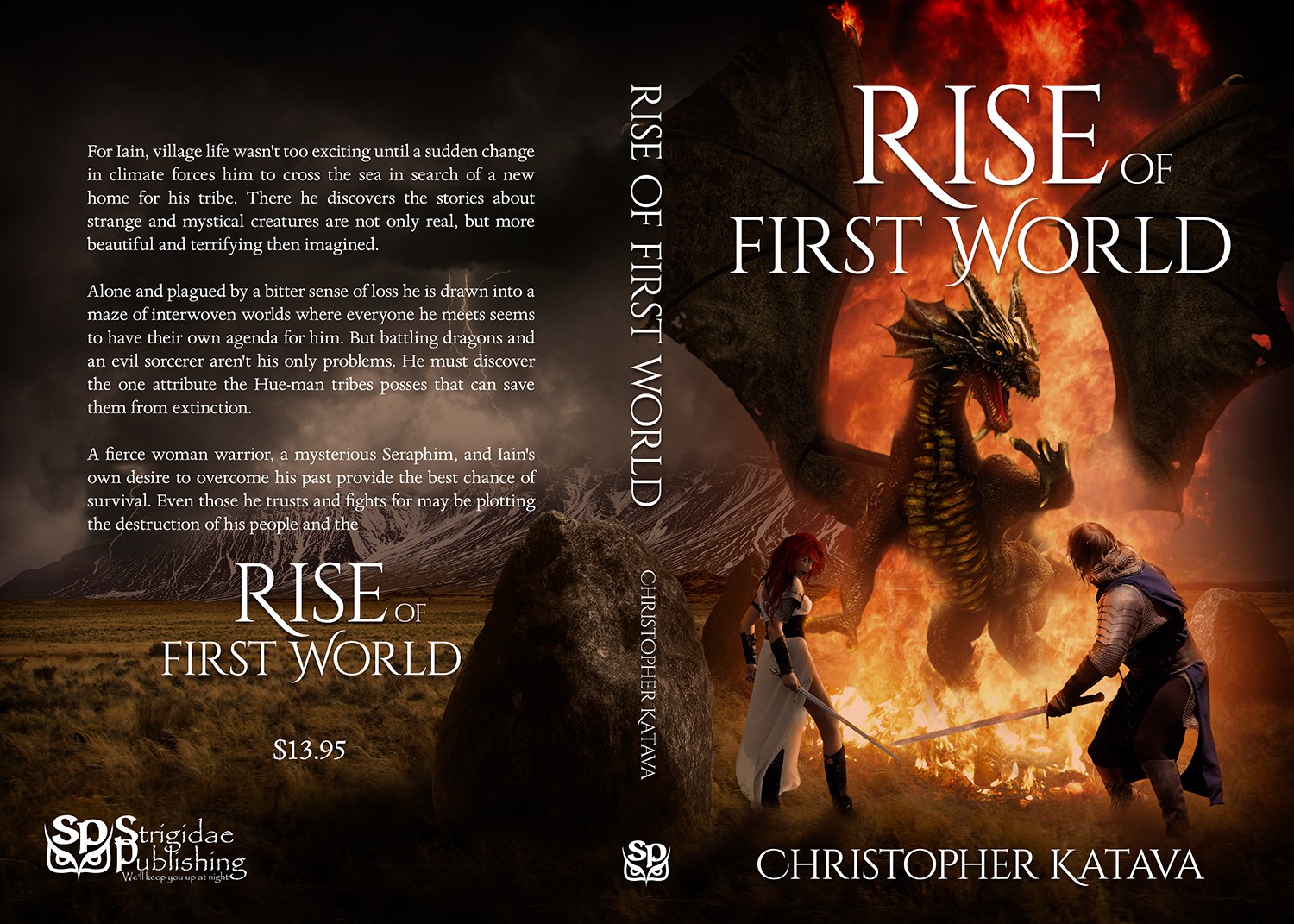 Create a high fantasy book cover with a man, woman, and dragon