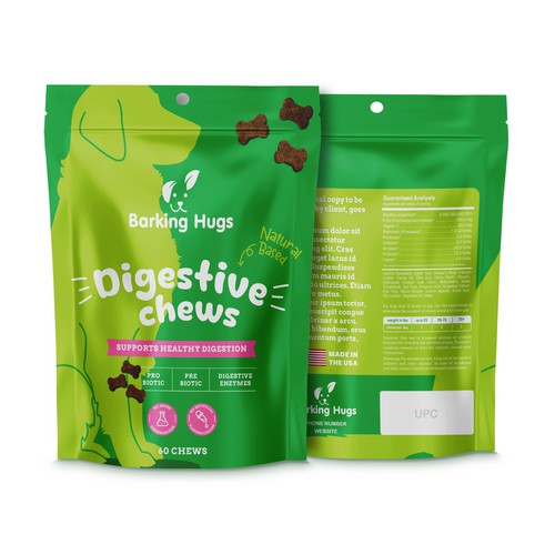Playful doypack packaging for natural dog Digestive Chews