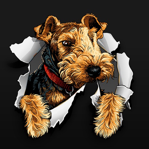 Classic illustration of Welsh Terrier head tearing through the background for logo and web site desi