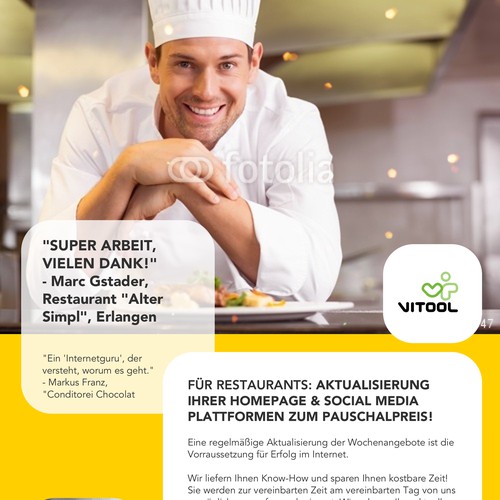 Baue einen schönen Flyer für meinen Internet-Pflege-Service für Restaurants