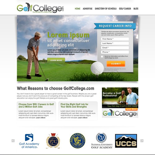 GolfCollege.com lead gen landing page