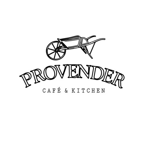 Vintage logo for cafe and kitchen with handcrafted drawing of wheelbarrow