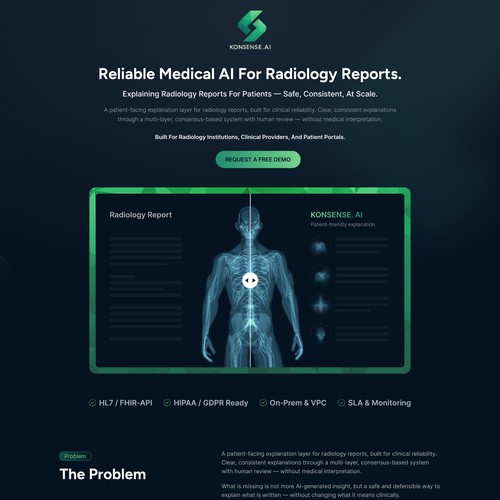 Landing page design for a medical AI platform in radiology