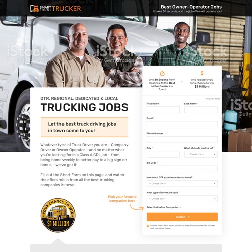 Landing page design for a trucking website