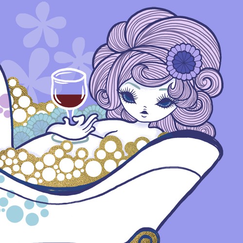 Girl in bathtub, japanese flat art style