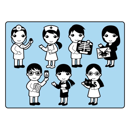 Design a cartoon character set of hospital staff for the Japanese market