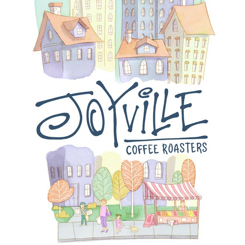 Watercolor cityscape for coffee brand