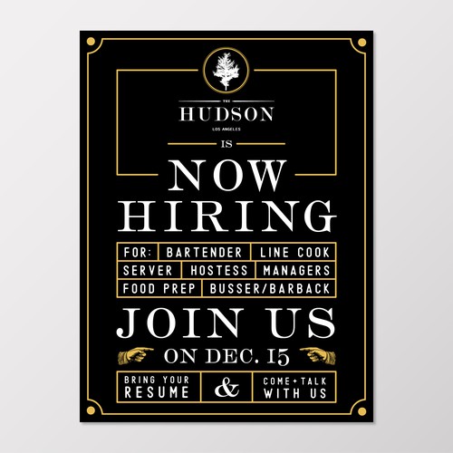 Now Hiring Poster for LA Bar + Restaurant