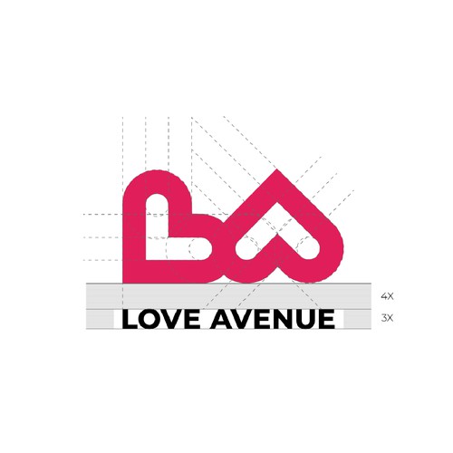 The two hearts logo concept represents negative space letters "LA"