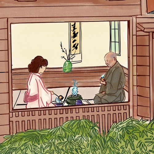 Illustration of a Japanese American tea house.