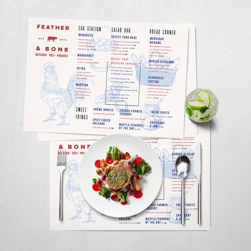 placemat menu design for FEATHER & BONE (finalist)