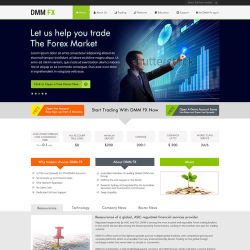 Open, free design, landing page for a Australian forex broker