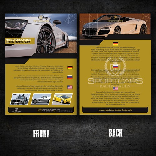 Flyer for a car rental for exclusive luxury sports cars