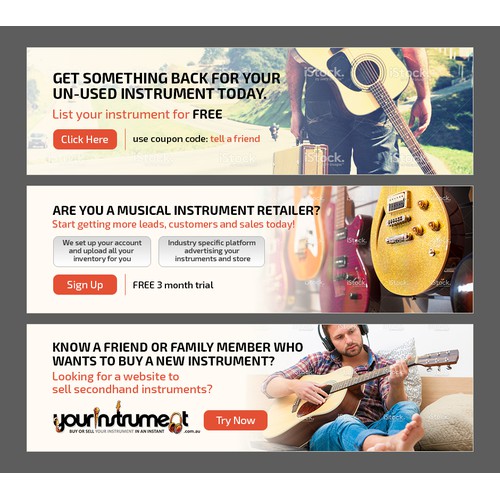 Create a series of 3 homepage banner ads for yourinstrument.com.au. A new and exciting start up!