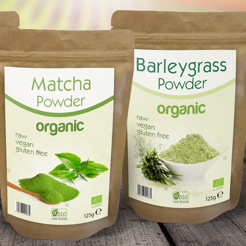Clean and modern label for organic products: Macha, Barleygrass, Cranberry Powder