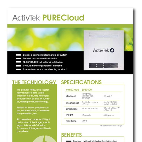 Specs sheet template for Air Purification Company - ActivTek